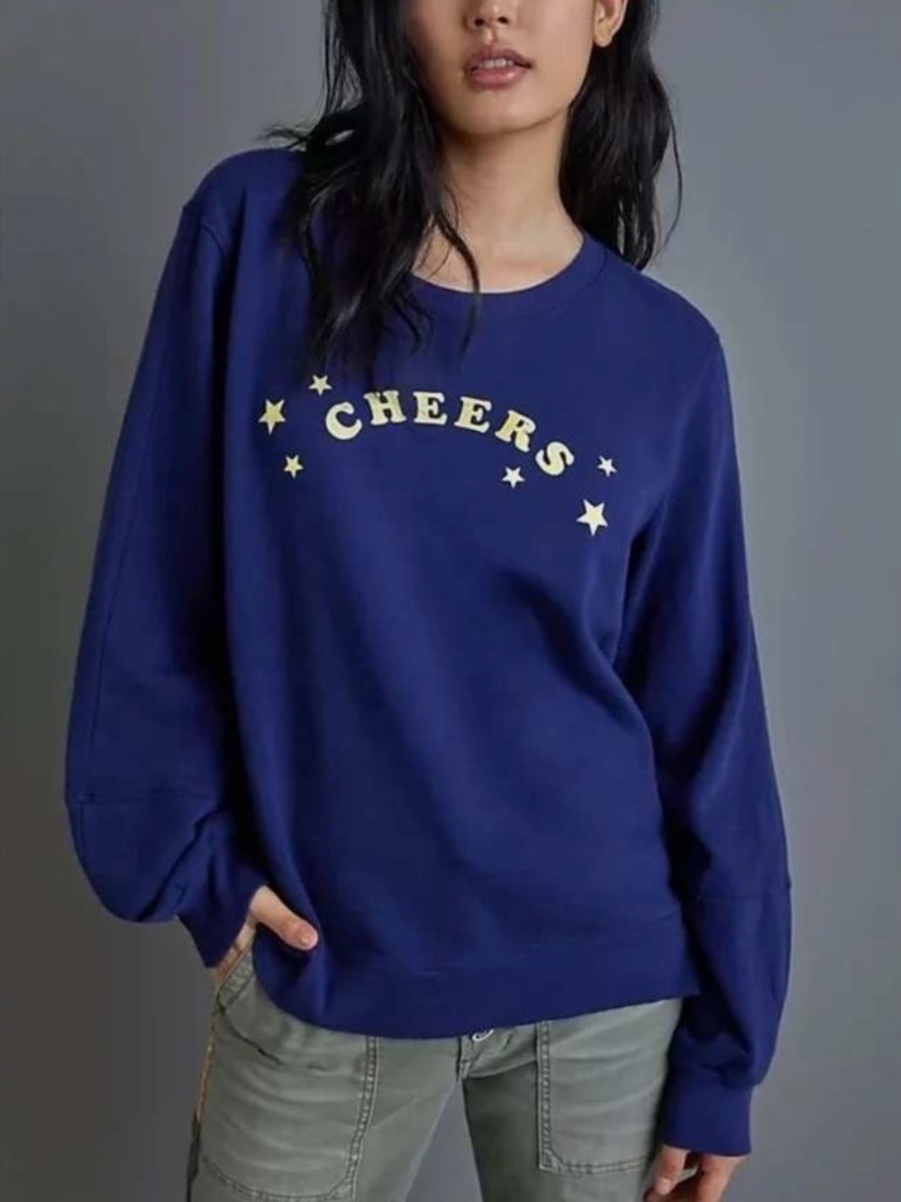 Anthropologie Navy Graphic Crewneck "CHEERS" Sweatshirt Balloon Sleeves